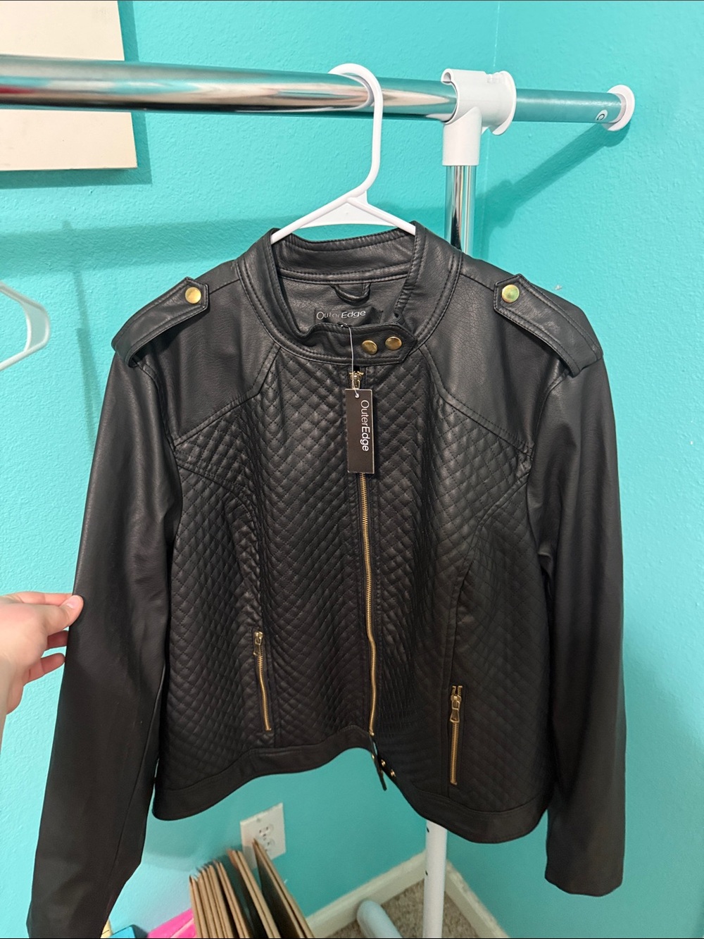 Outer Edge Black Quilted Faux Leather Jacket with Gold Hardware